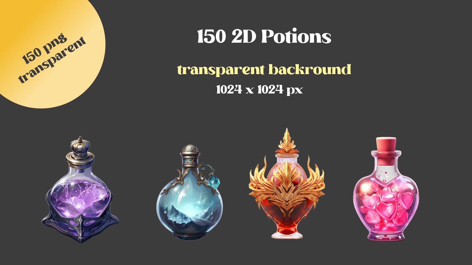 150 2D Fantasy Icons Potions on transparent background